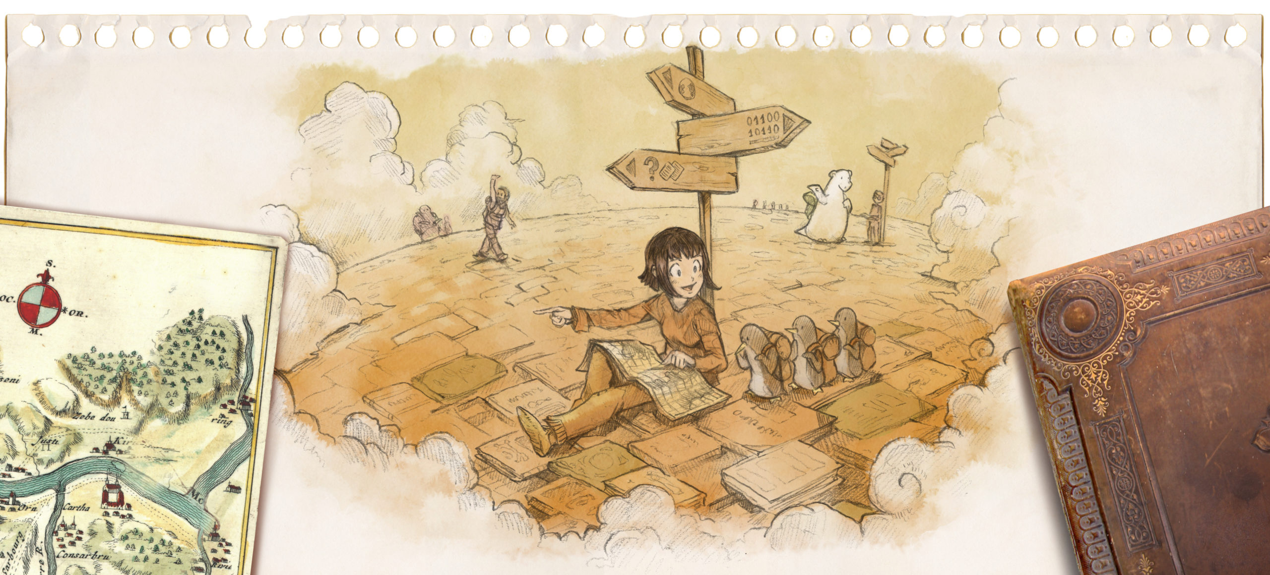 Illustration de David Revoy représentant des personnages cherchant leurs chemins sur un sol de livres