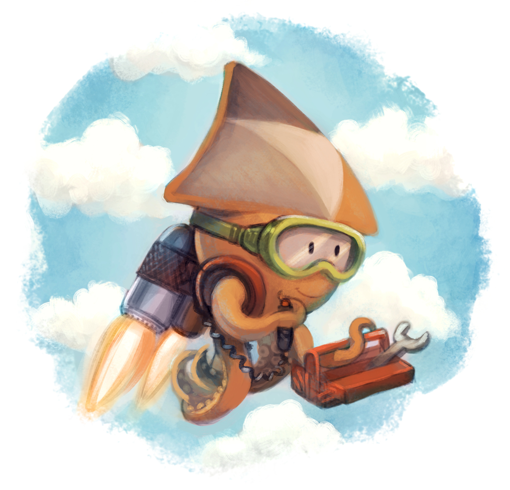 Illustration de David Revoy représentant un personnage volant grâce à des réacteurs accrochés dans le dos et portant une caisse à outils