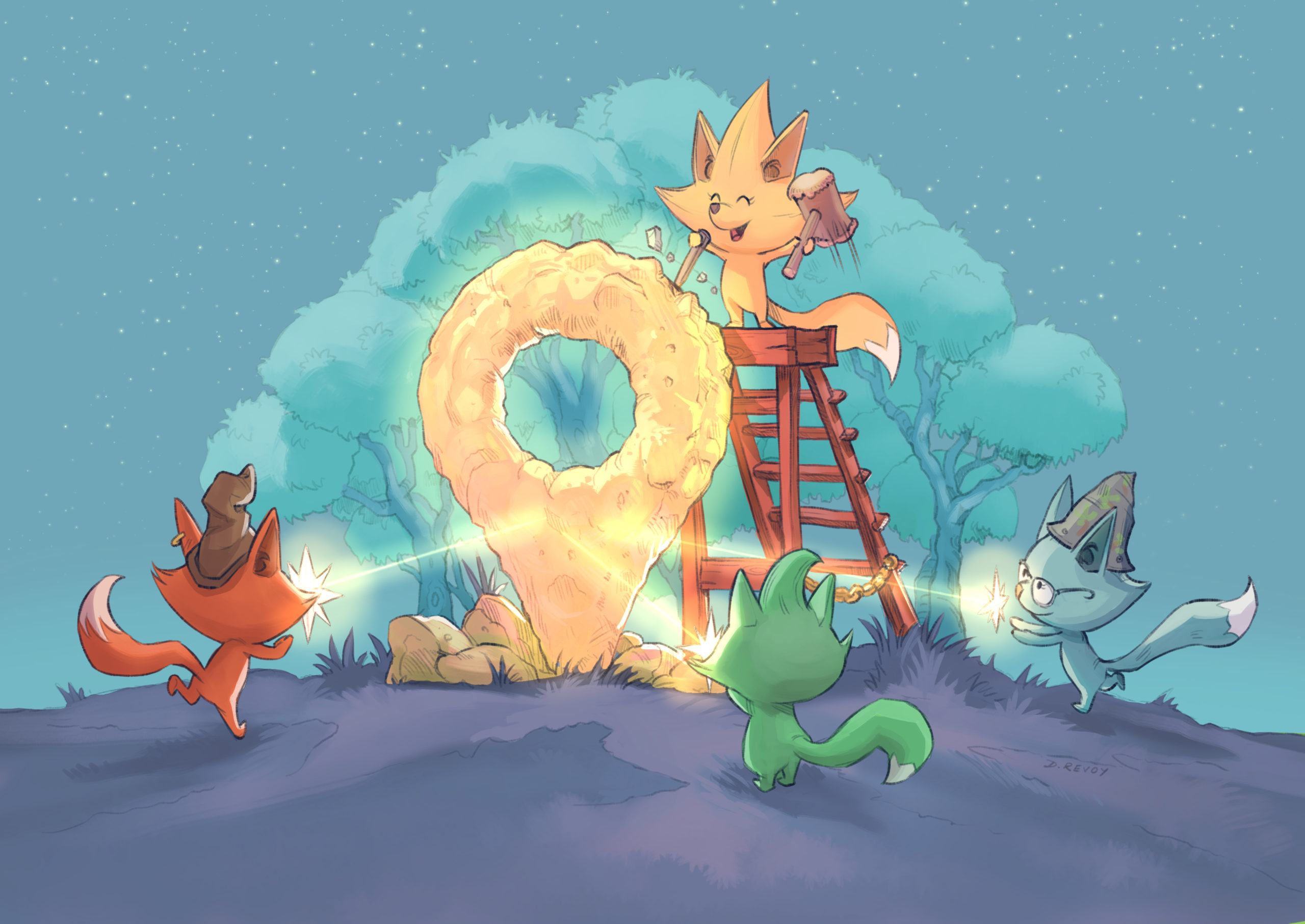 Illustration de David Revoy représentant quatre personnage sculptant un pictogramme «position» dans une roche dorée