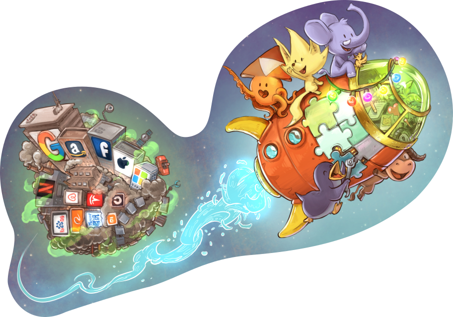 Les mascottes des services libres quitte sur une fusée qu'ils bricolent la planète GAFAM et autres.